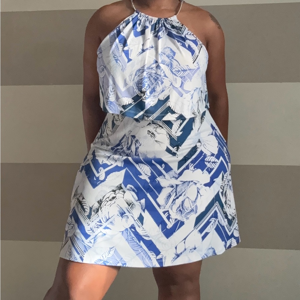 Jessica Simpson Blue and White Patterned Mini Dress